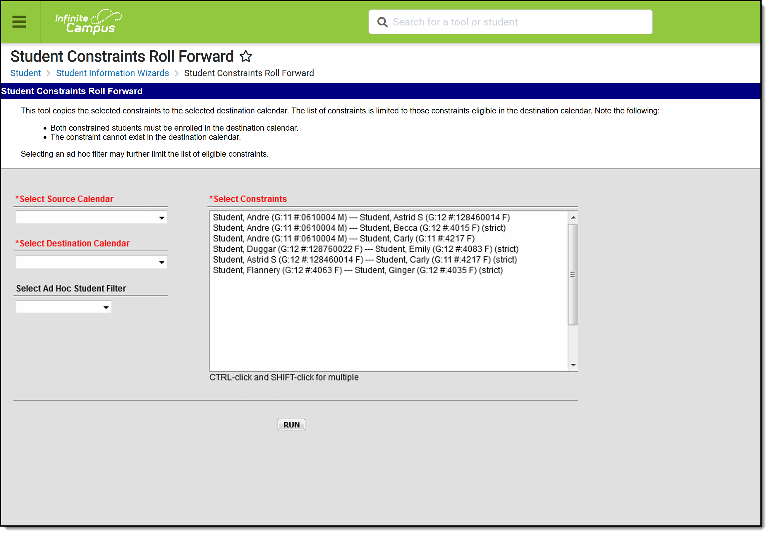 Screenshot of the Student Constraints Roll Forward tool. 