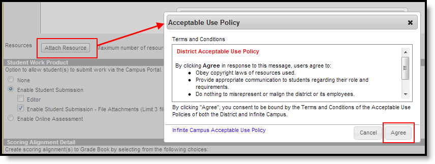 screenshot of clicking the attach resources button and viewing the acceptable use policy