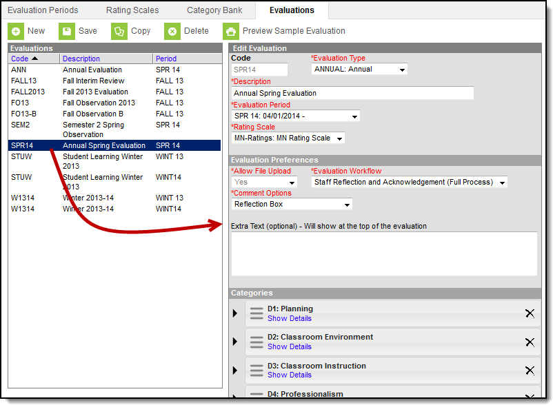Screenshot of the Evaluations tab where a template is selected and the editor appears on the right side.