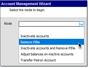 Screenshot of the selection of Remove PINs mode on the Account Management Wizard.