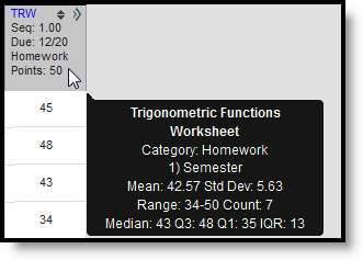 Screenshot of the calculation summary tool tip that displays when hovering over an assignment.  