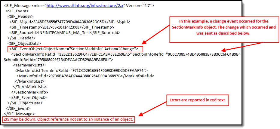 Screenshot of Example of a SIF Sent Object Search Result with Error.