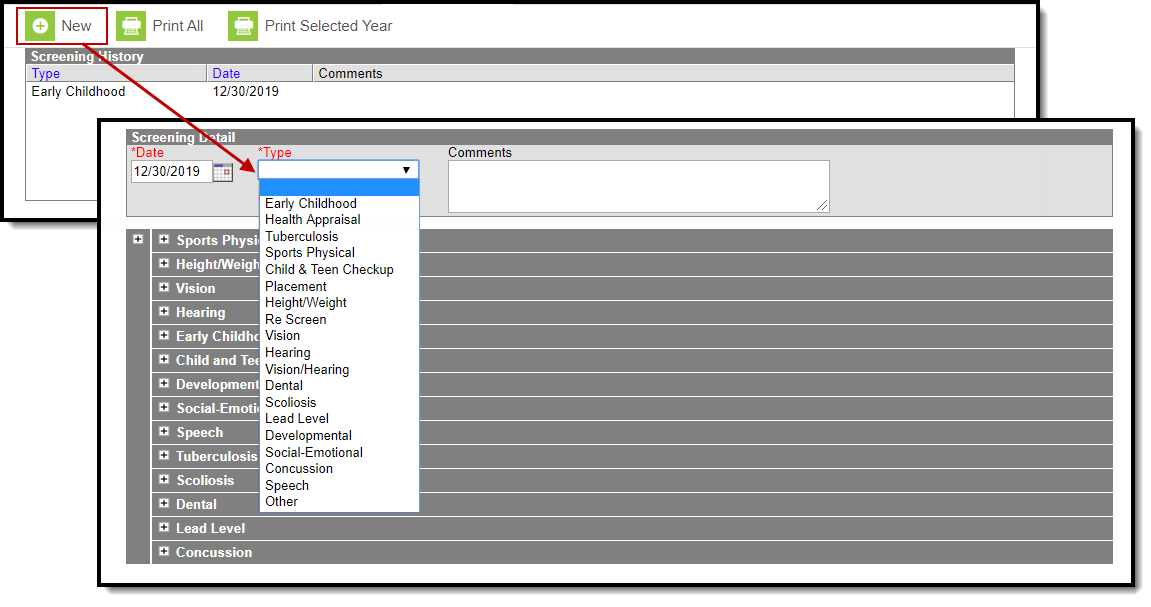 Image of adding a new screening and selecting a screening type