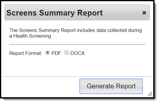 Screenshot of the screening summary report format options modal.