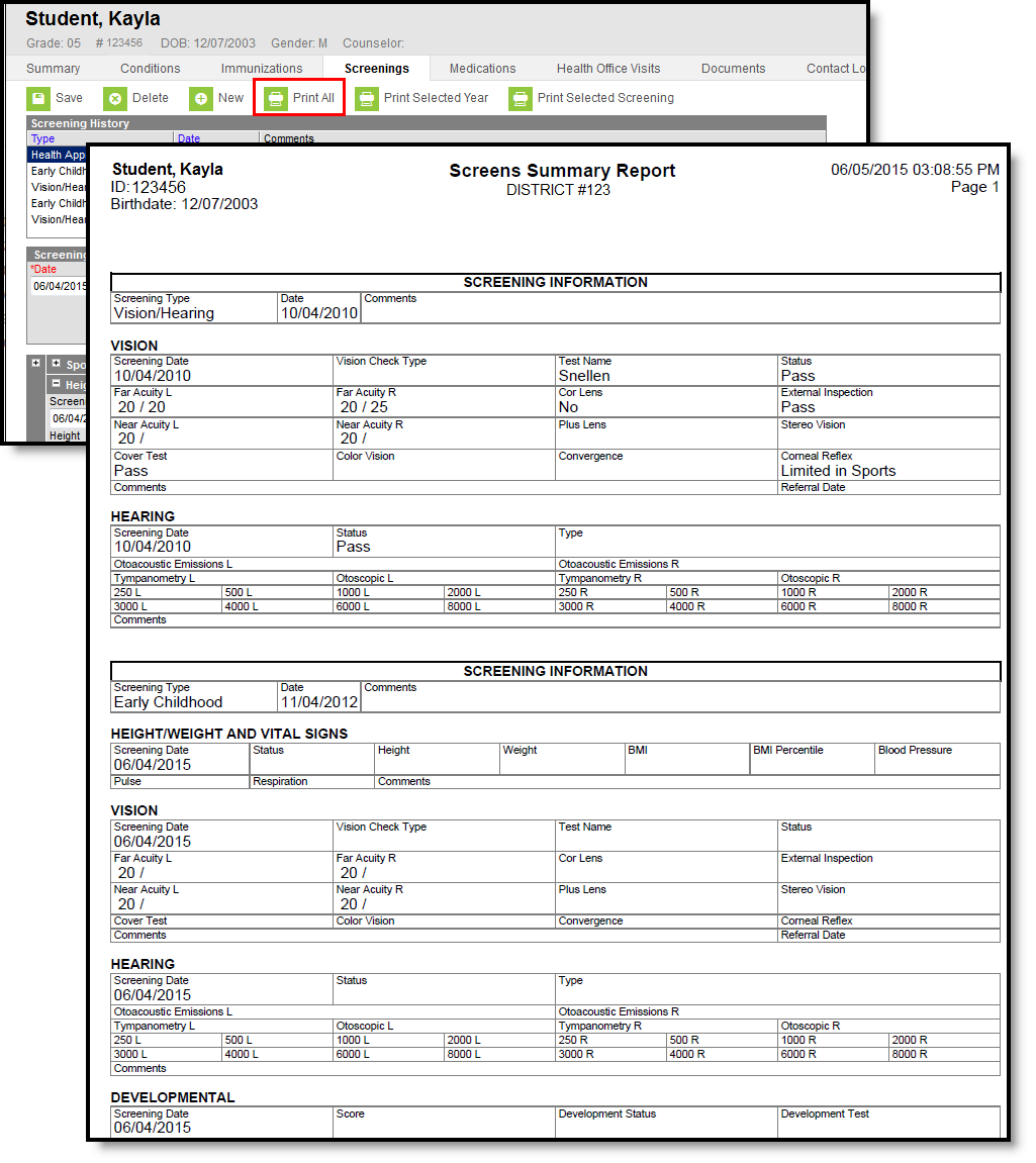 Screenshot of a print all screenings pdf example.