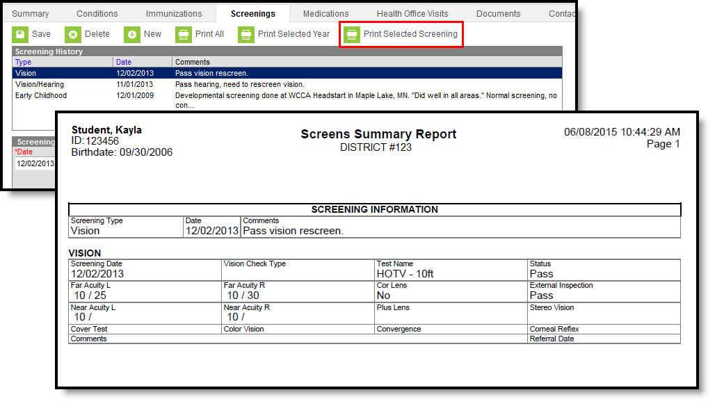 Screenshot of a print selected screening pdf example.