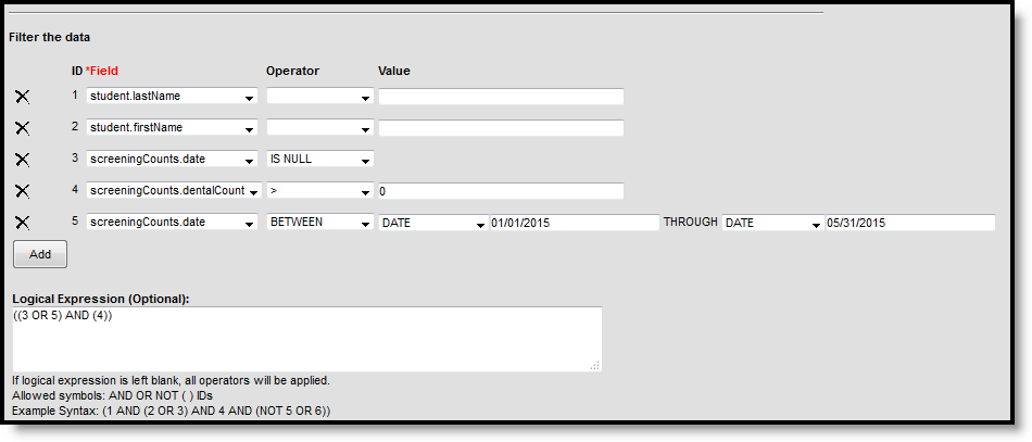 Screenshot of the filter the data options.