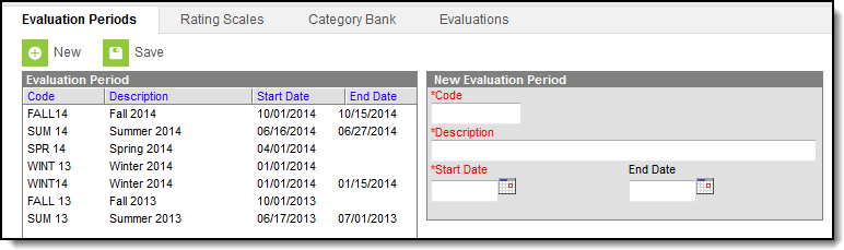 Screenshot of evaluation periods