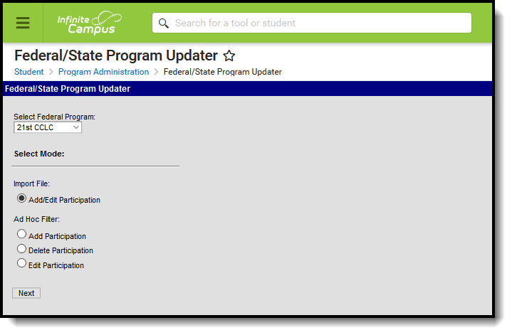 Screenshot of selections that can be made when running the Federal/State Program Updater.