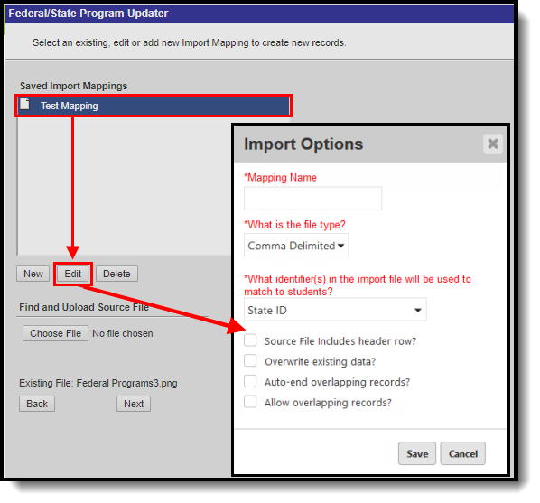 Screenshot showing mapping selected for editing with import options ready to select.