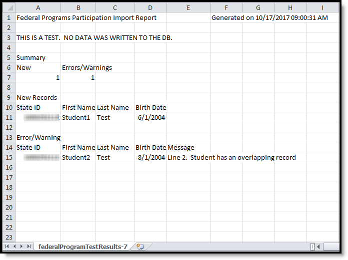 Screenshot of report results for test import of records.