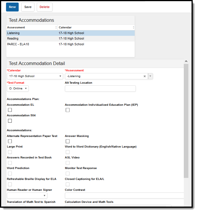 Image of the Test Accommodations tool