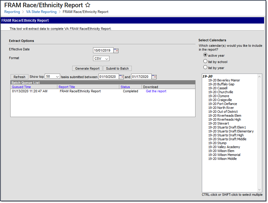 Screenshot of the FRAM Race Ethnicity Report extract editor.