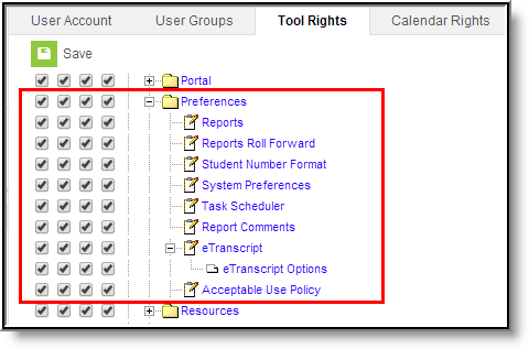 Screenshot of the Preferences Tool Rights