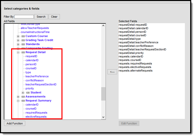 Screenshot of Request Detail and Request Summary ad hoc fields. 