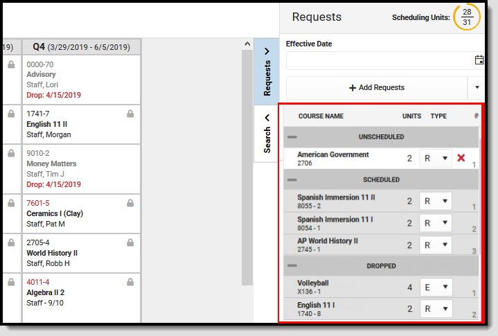 Screenshot of the Request panel where a student's requested courses display. 