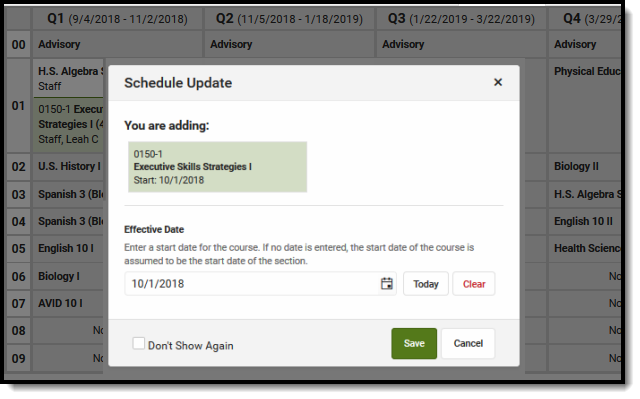 Screenshot of the Schedule Update modal that displays to review changes to the student's schedule.