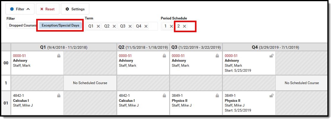 Screenshot of the Exception and Special Days displaying in the schedule grid.