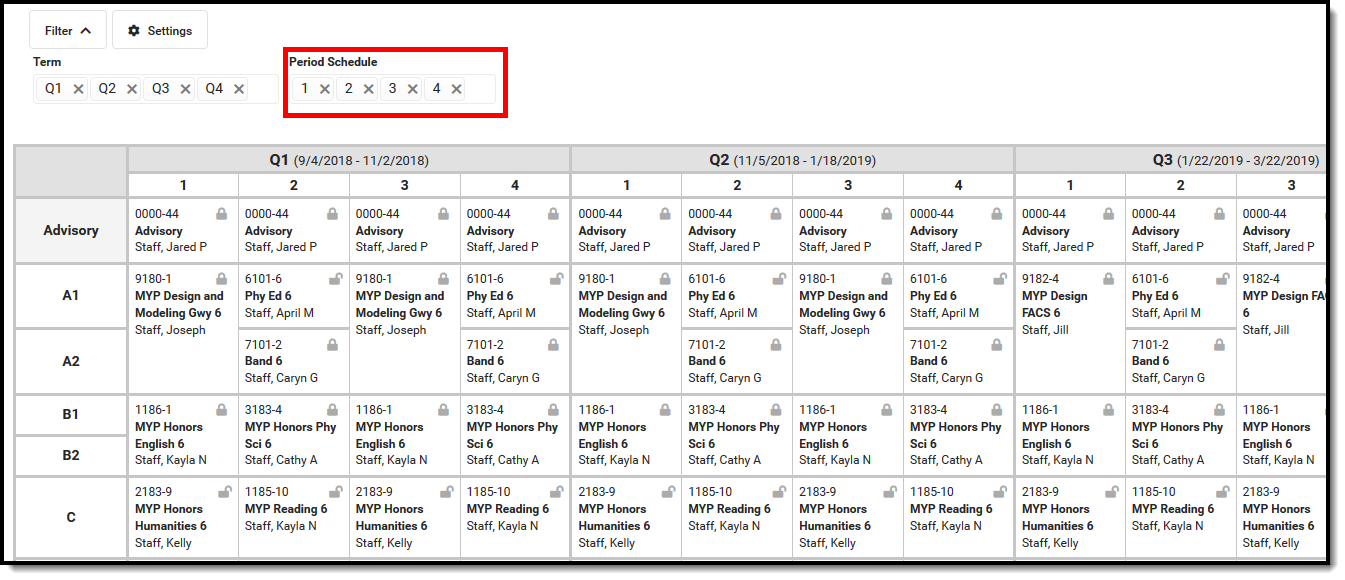 Screenshot of all period schedules in the calendar.