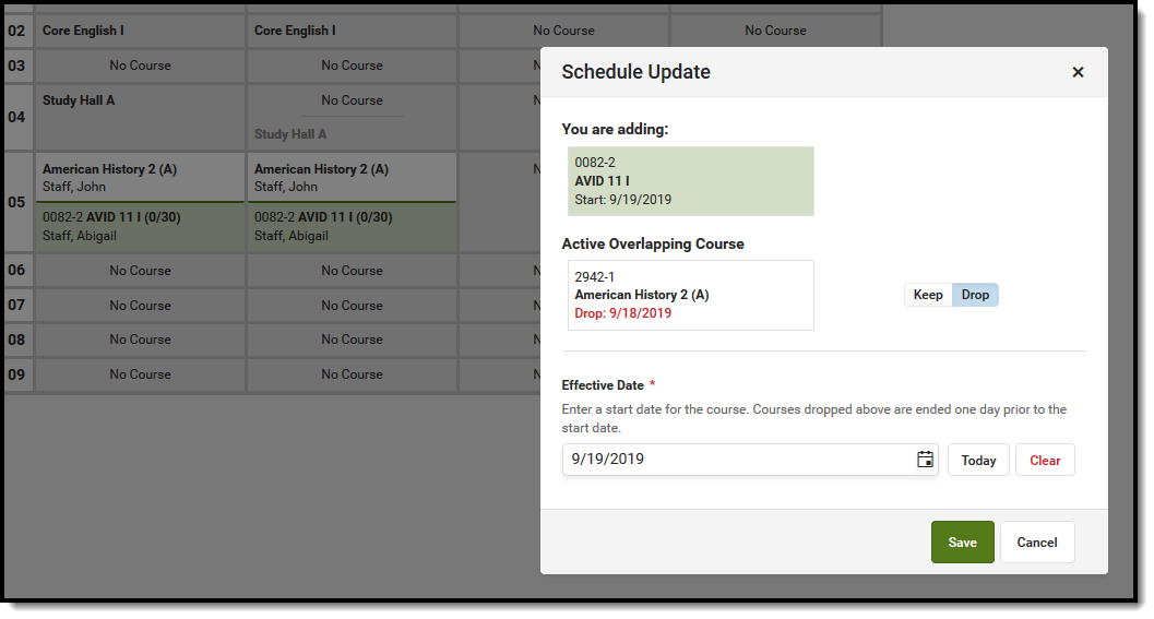 Screenshot of the Drop option displaying in the Schedule Update modal when it replaces another course. 