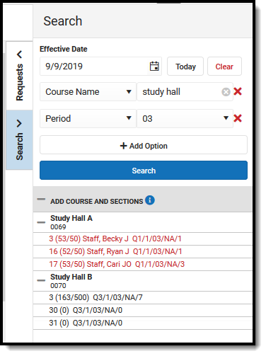 Screenshot showing courses expanded in the search panel. 