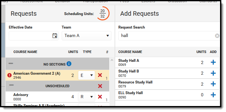 Screenshot of all possible courses in the search panel for all teams. 
