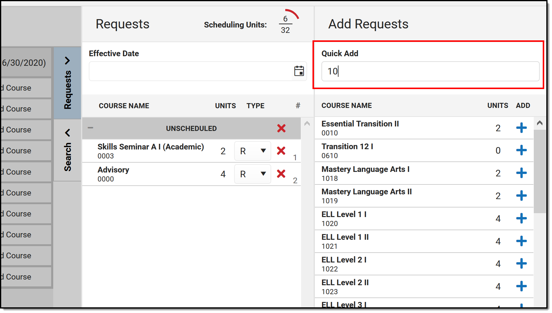 Screenshot of the Quick Add option on the Add Requests panel. 