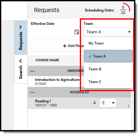 Screenshot of assigning a student to a team. 