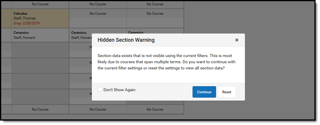 Screenshot of the Hidden Section Warning. 