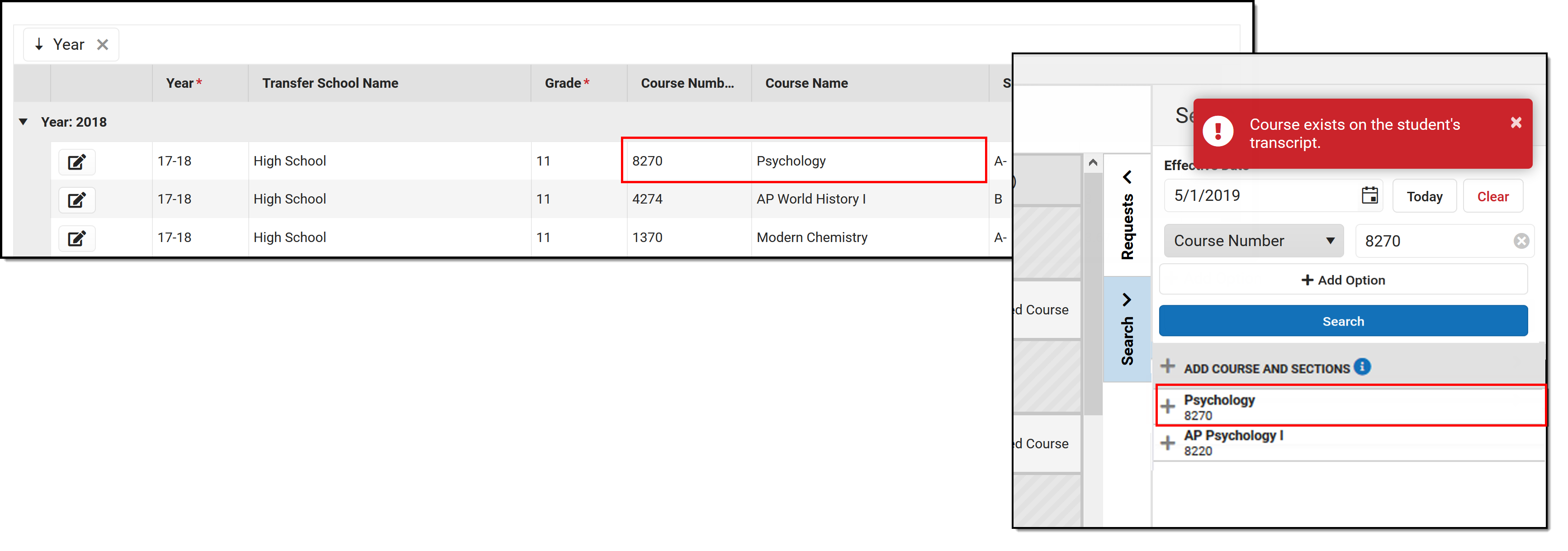 Screenshot of a searched course added to the schedule that the student has successfully taken and has been added to their transcript. 