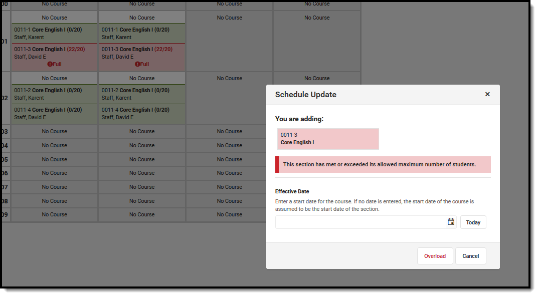 Screenshot of adding a full course section to the schedule. 