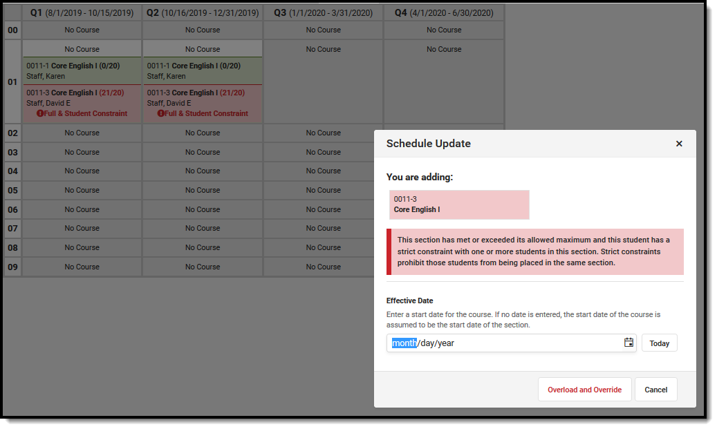 Screenshot of the Schedule Update modal for a full section and a student constraint. 