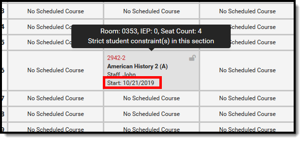 Screenshot of the Student Constraint hover on the schedule grid. 