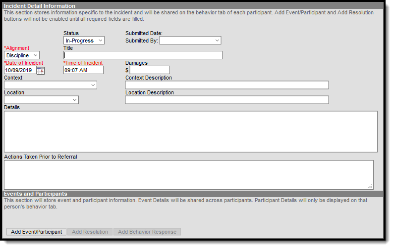 Screenshot of the behavior incident detail editor fields.