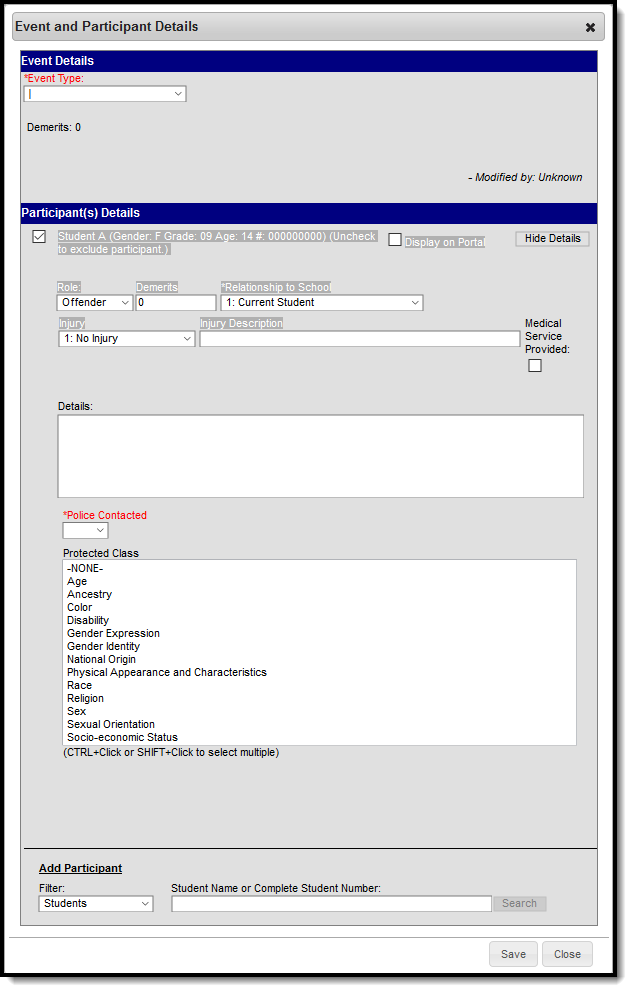 Screenshot of the Event and Participant Detail Editor. 