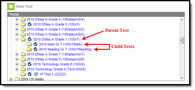 Screenshot of a test hierarchy noting parent and child tests.