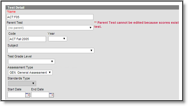 Screenshot of the Test Detail page.