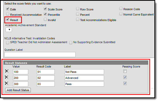 Screenshot of the Result checkbox and Result Statuses section on the Test Setup page.