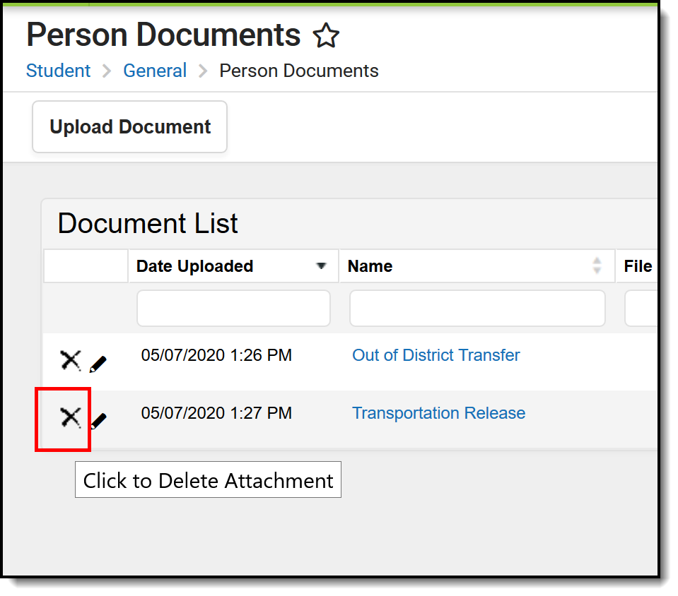 Screenshot highlighting the delete button that removes a document. 