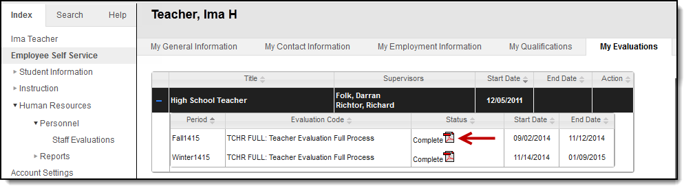 Screenshot of My evaluations tab with an arrow pointing to a pdf icon.
