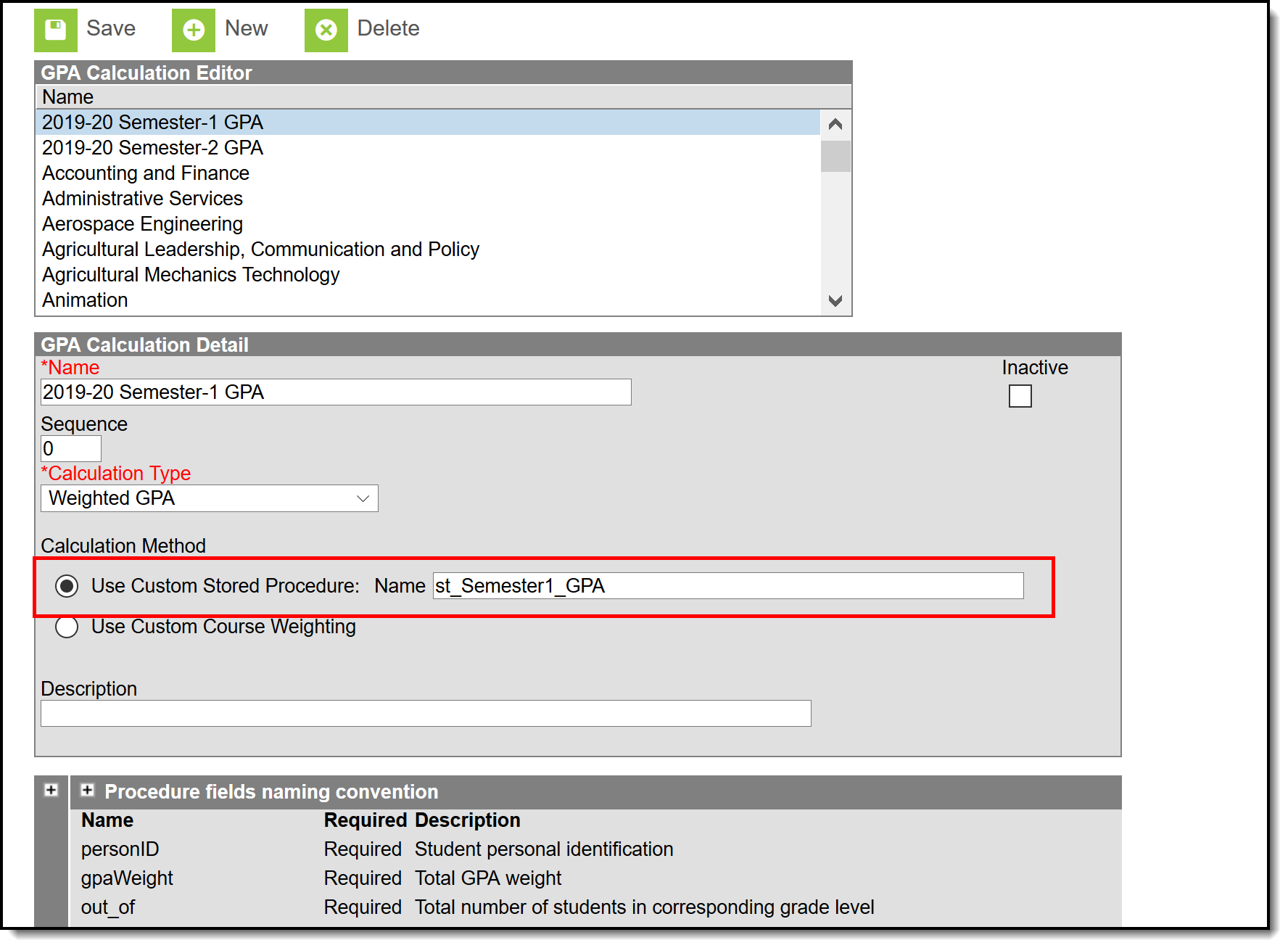 Screenshot showing stored procedure for custom GPA with naming comvention field definitions expanded.