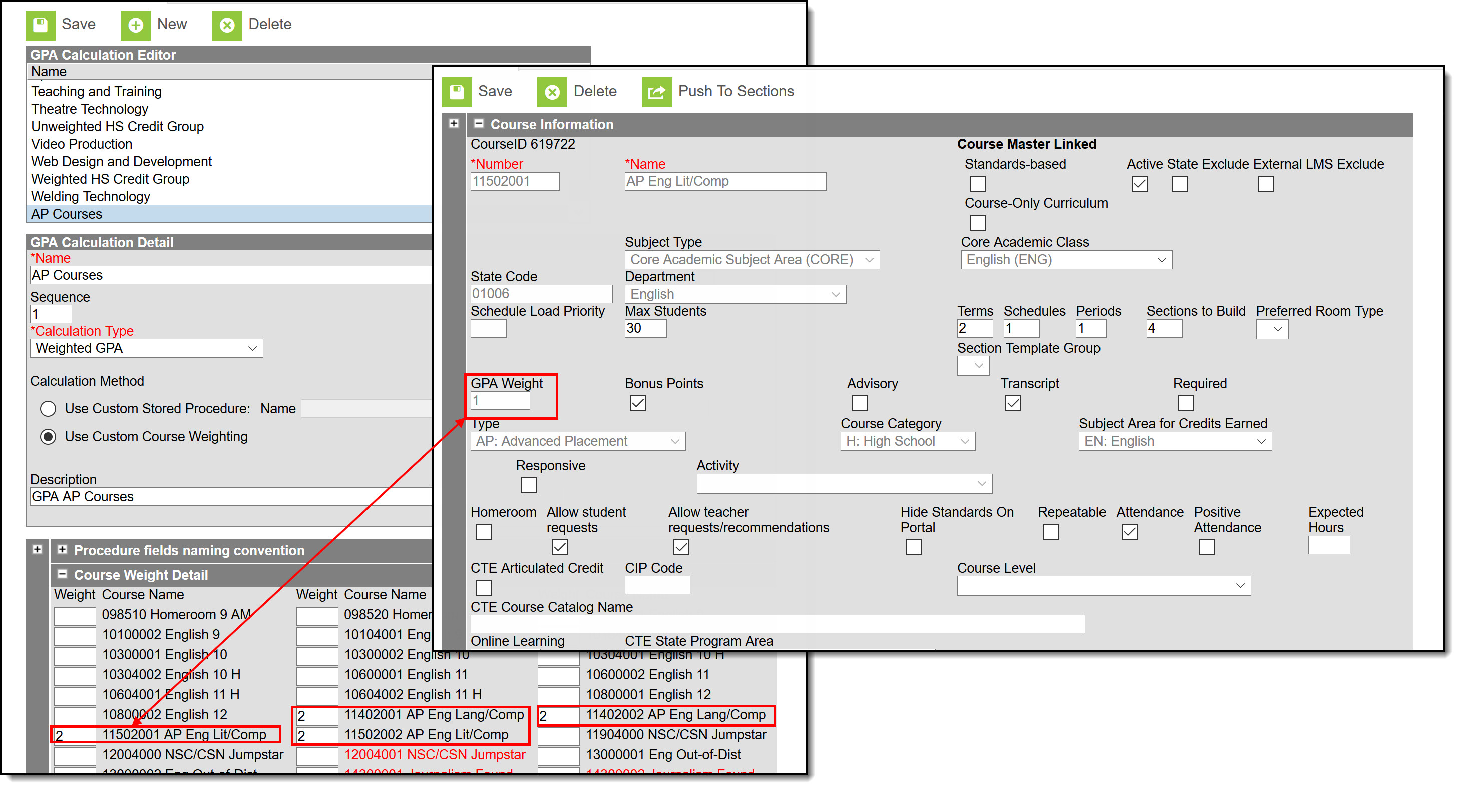 Screenshot of a custom GPA detail editor with weight for GPA on course and GPA Calculation details highlighted.