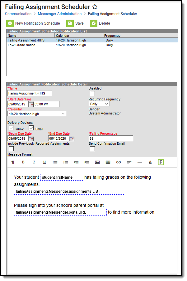 Screenshot of the Failing Assignment Scheduler with a message selected. 