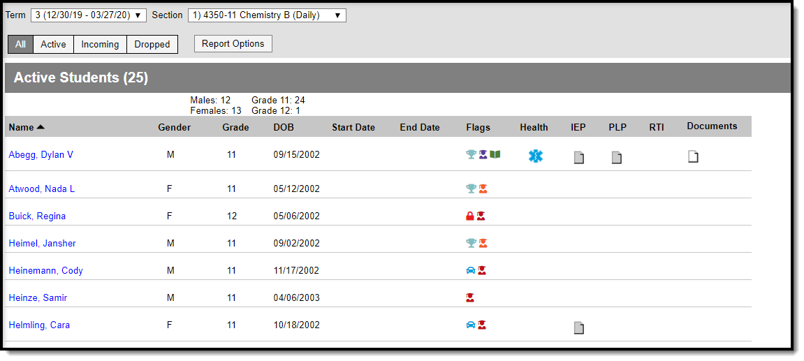 Image of the RosterScreenshot of a section's roster with filter and report options at the top and each student listed in a table with additional information.