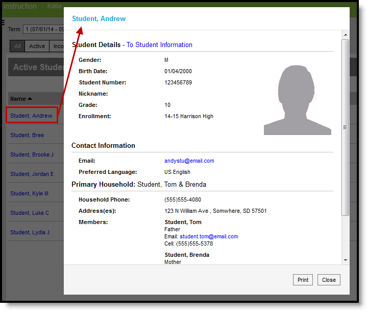 Screenshot highlighting click a student's name to view details as well as contact and household information. 