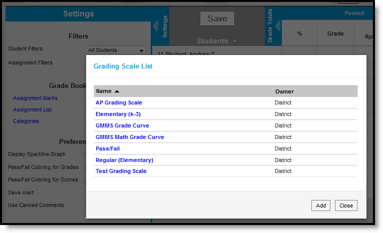 Screenshot of the grading scales tool, as accessed from the Grade Book Settings menu. 
