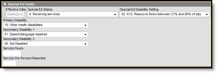 Screenshot of the Enrollments > Special Ed Fields.