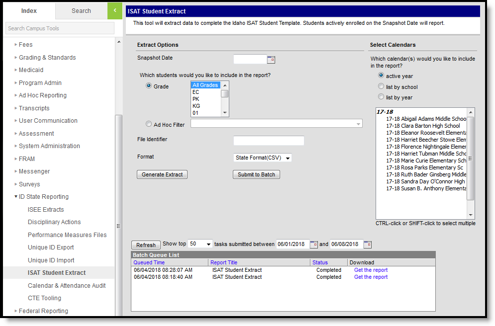 Screenshot of the ISAT Student extract editor.