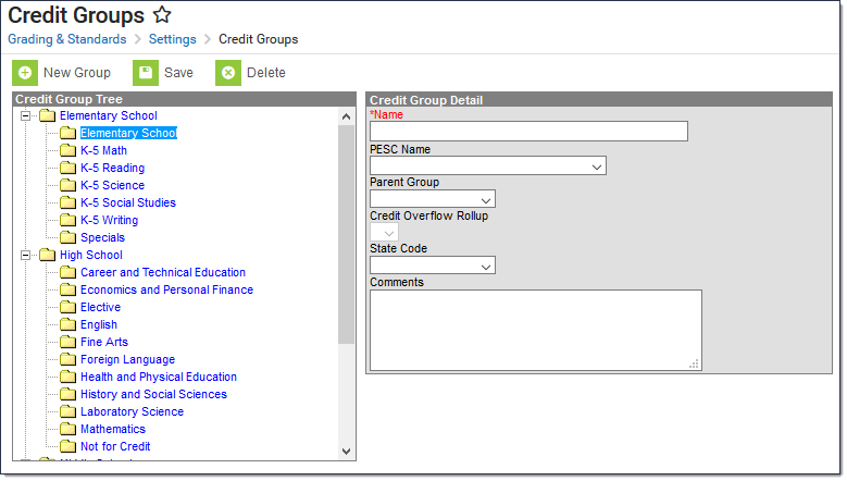 Screenshot of the Credit Groups tool.