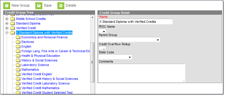 Screenshot of a Standard Diploma with Verified Credits Credit Group example.